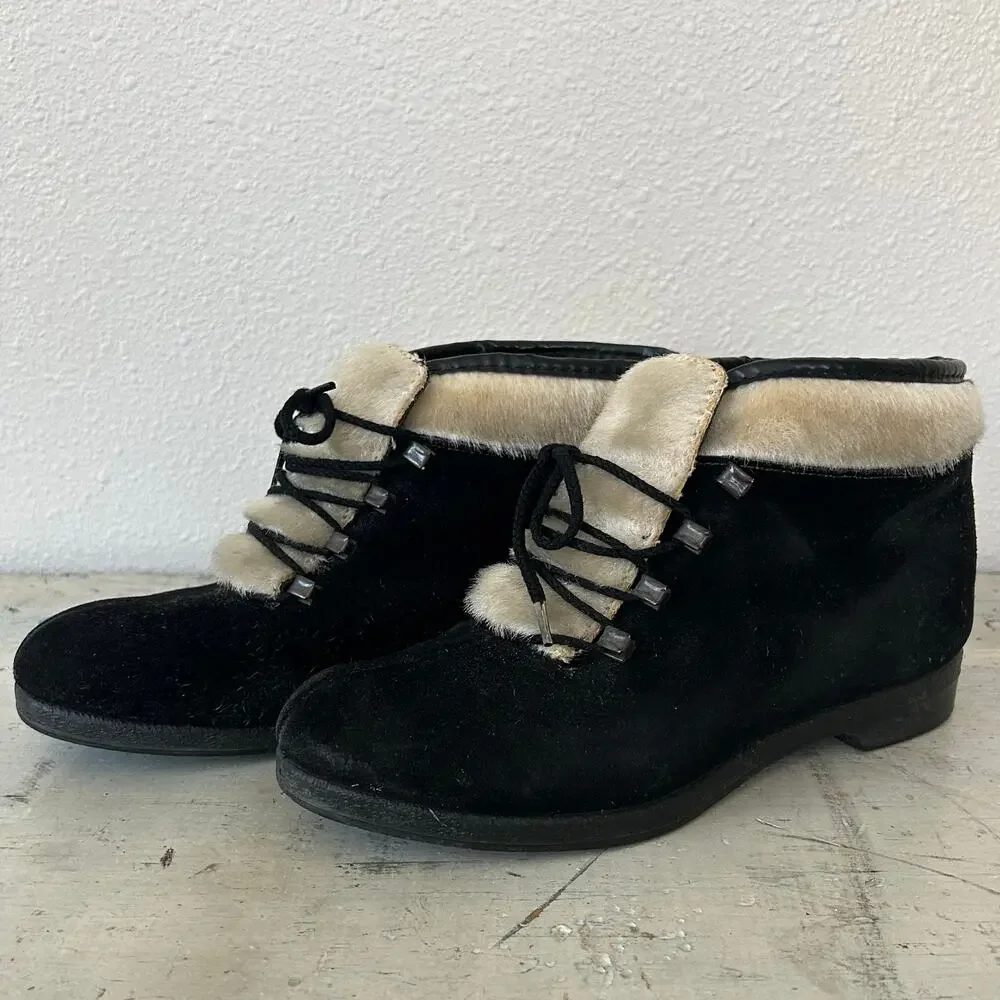 Vintage 70s Yodelers Aspen Black Suede Faux Fur Apres Ski Snow Ankle Boots 7